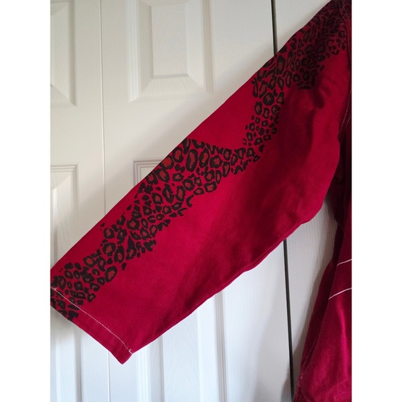 Denim & Co 2X Red Y2K Embroidered Jean Jacket Animal Print Button Boxy Western - Picture 7 of 14